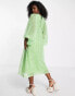 Фото #4 товара Miss Selfridge metallic chiffon shirred volume sleeve midaxi dress in green ditsy