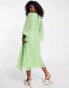 Miss Selfridge metallic chiffon shirred volume sleeve midaxi dress in green ditsy