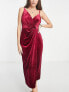 Little Mistress wrap front velvet cami midi dress in ruby