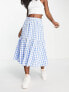 Monki seersucker ruffle midi skirt in blue and white gingham