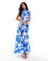 ASOS DESIGN satin high neck drape maxi dress with puddle hem in blue abstract print Blau Abstrakt, 32 - фото #1