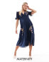 Hope & Ivy Maternity puff sleeve embroidered midi dress in navy