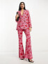 ASOS DESIGN poppy printed oversized double breasted suit blazer with linen in pink