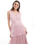 Vila Bridesmaid satin tiered maxi dress with tie belt in light pink