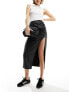 ASOS DESIGN leather look wrap split midi skirt in black