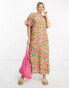 Фото #1 товара Monki seersucker puff sleeve midi dress in bright pink floral print in multi