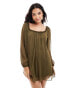 Фото #1 товара ASOS DESIGN ruffle neck mini smock dress in khaki