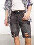 Фото #4 товара ASOS DESIGN skinny regular length denim shorts in washed black with heavy rip