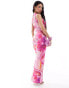 Flounce London knot front split leg maxi dress in pink blur print