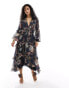 ASOS DESIGN pleated tiered midi dress in navy floral print with lace trim