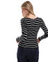 Brave Soul long sleeve lettuce hem top in black and white stripe