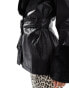 Lioness faux fur collar and cuff short belted leather look jacket in black