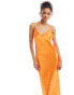 Miss Selfridge satin jacquard strap back maxi slip dress in orange Orangefarbener Jacquard, 46 - фото #4