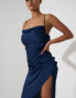 Aria Cove cowl neck thigh spilt midi dress in satin navy