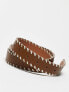 ASOS DESIGN slim faux leather belt with edged stitched detail in brown