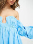 Фото #5 товара ASOS DESIGN Cotton ruched bandeau mini dress with off shoulder puff sleeve in turquoise