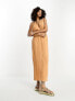 ASOS DESIGN crinkle plunge midi sundress with wrap waist detail and fringe tie in camel