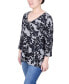 Petite 3/4 Sleeve 3-Ring Top Black Gray Floral, PM - фото #3