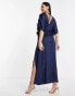 ASOS DESIGN Tall embroidered satin midi dress with frill waist in navy