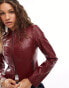 Bershka fitted faux leather jacket in burgundy