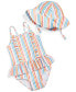 ფოტო #1 პროდუქტის Baby Girls Striped One Piece Swimsuit and Hat, 2 Piece Set, UPF 50, Created for Macy's