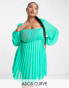 ASOS DESIGN Curve square neck pleated mini skater dress in emerald green US 14 - фото #2