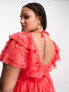 Фото #2 товара ASOS DESIGN Curve v front ruffle mini dress with flutter sleeve and tie belt in red