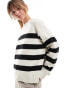 Bershka chunky crew neck jumper in ecru & black stripe