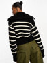 Monki high zip neck knitted sweater in black and white stripe