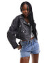 Pimkie distressed cropped leather look biker jacket in black