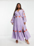 ASOS DESIGN Curve v neck batwing chiffon maxi dress with embroidery detail in lilac