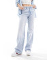 Stradivarius wide leg dad jean with rip in light wash blue