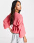 ASOS DESIGN sheer ruched shoulder blouse with frill hem in pink