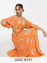 ASOS DESIGN Petite belted batwing maxi tea dress in orange metallic jacquard