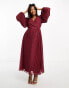 Фото #8 товара ASOS DESIGN Petite pleated metallic dobby chiffon wrap button detail maxi dress in burgundy