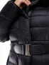 River Island Plus maxi belted puffer with faux fur hood in black