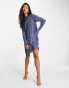 ASOS DESIGN long sleeve shift mini dress in plisse sequin in blue