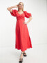 Фото #7 товара & Other Stories woven puff sleeve midi dress in red