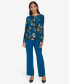 ფოტო #4 პროდუქტის Petite Printed Pleat-Neck Long-Sleeve Top