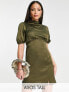 Фото #1 товара ASOS DESIGN Tall high neck puff sleeve mini satin dress in khaki