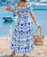 ფოტო #2 პროდუქტის Women's Ornate Square Neck Smocked Bodice Midi Beach Dress