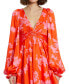 ფოტო #6 პროდუქტის Women's Printed Charmeuse Bishop Sleeve V Neck Mini Dress