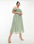 Фото #2 товара Little Mistress Plus Bridesmaids bardot mesh midi dress in sage green