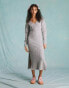 Фото #2 товара Miss Selfridge cable v neck fitted midi dress in pale grey marl