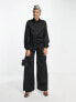 Flounce London satin button up shirt co-ord in black