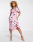 Liquorish satin wrap front midaxi dress in dusky pink floral