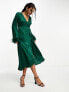 TFNC satin midi wrap dress with faux feather cuffs in emerald green