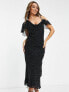 ASOS DESIGN cowl neck midi slip dress with corsage detail strap in black spot