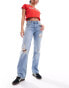 Stradivarius straight leg jean with rips in bleach wash