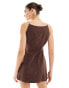 SNDYS linen square neck button down cami mini dress in chocolate Коричневый, 36 - фото #3